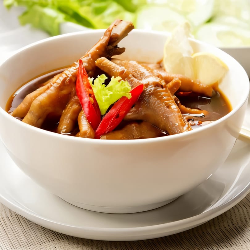 Chicken feet in a rich brown sauce, garnished with red chilies, lettuce, and lemon slices.