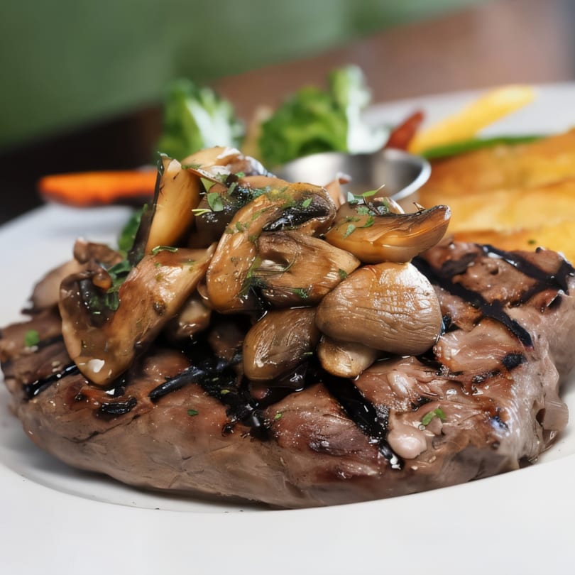 Grilled steak topped with sautéed mushrooms and fresh herbs, served with a side of fries.