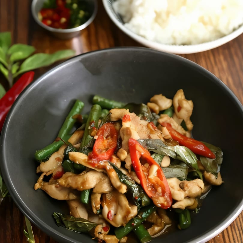 El Rodeo South Main's spicy chicken stir-fry with green beans, basil, and red chilies.